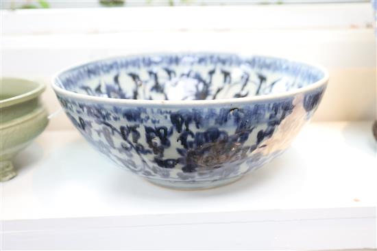 A large Chinese Ming blue and white lotus bowl, late 15th / early 16th century, width 36cm